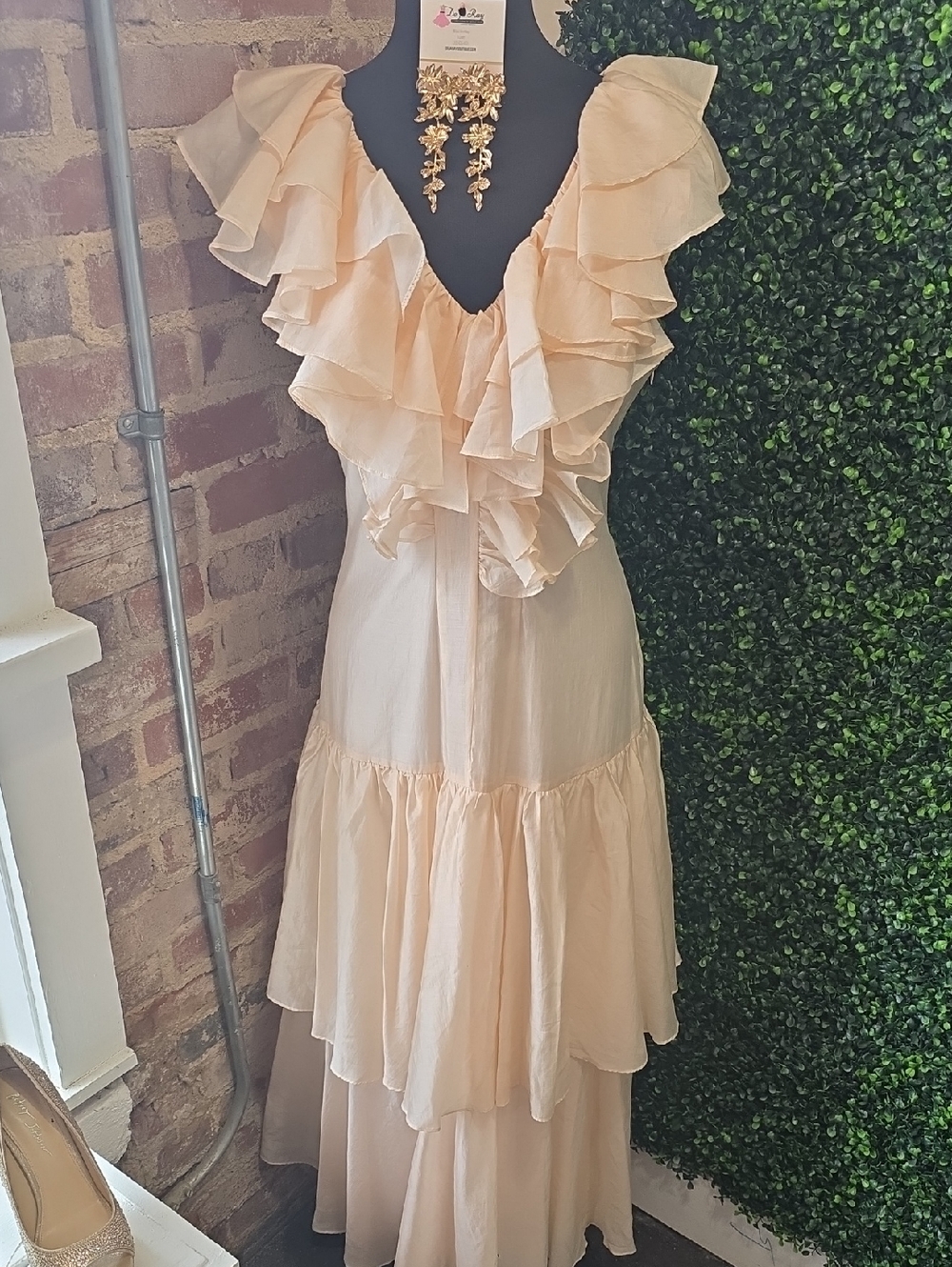 Ciebon Ruffled V-Neck Maxi Dress in Pale Peach
